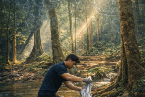 Man wearing gloves washing a paper item in a forest river; Earth Day 2026 poster with a faint world map outline and a REDA Group logo at the bottom.