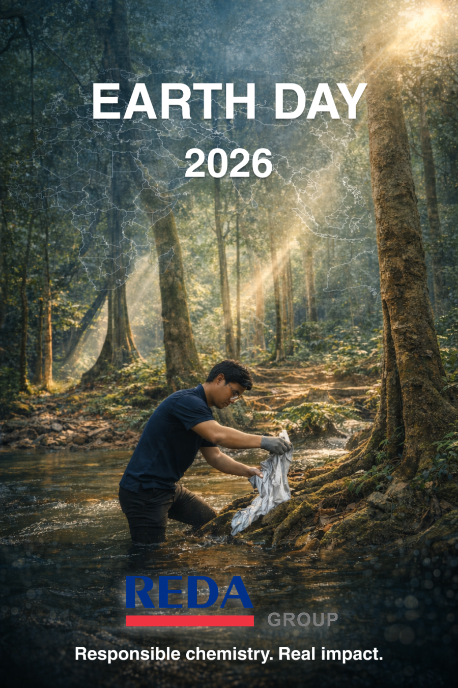 Man wearing gloves washing a paper item in a forest river; Earth Day 2026 poster with a faint world map outline and a REDA Group logo at the bottom.