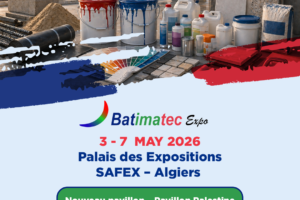 Promotional poster for Batimatec Expo: construction materials, Alsochem logo, dates May 3–7, 2026, at Palais des Expositions SAFEX Algiers.