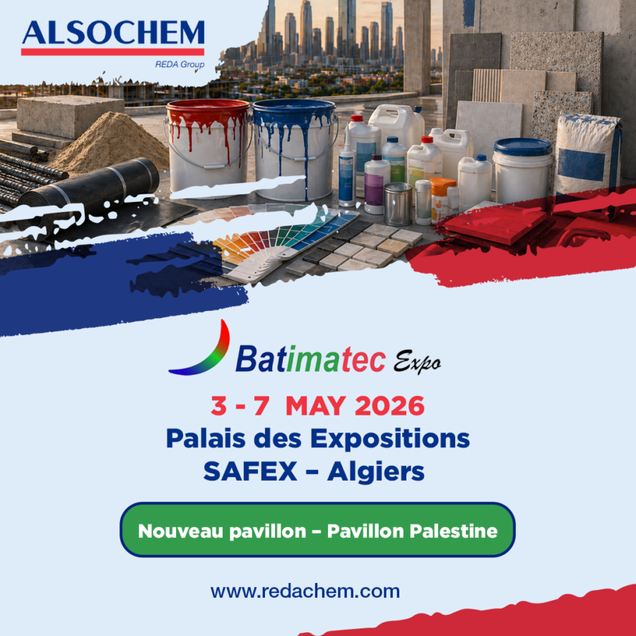 Promotional poster for Batimatec Expo: construction materials, Alsochem logo, dates May 3–7, 2026, at Palais des Expositions SAFEX Algiers.