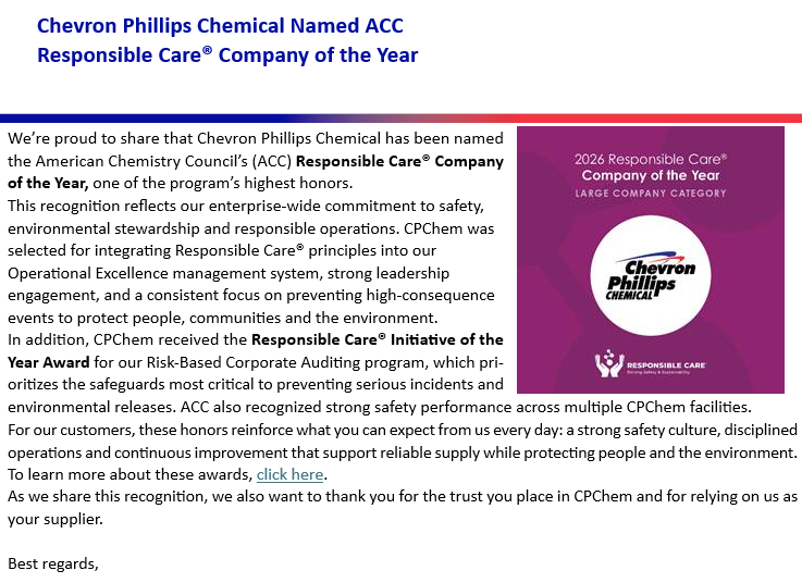 Announcement about Chevron Phillips Chemical being named ACC Responsible Care Company of the Year, with a purple award badge on the right side of the page.