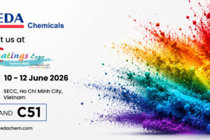 Reda Chemicals banner with a vibrant rainbow powder splash advertising Coatings Expo 2026 in Ho Chi Minh City, stand C51.