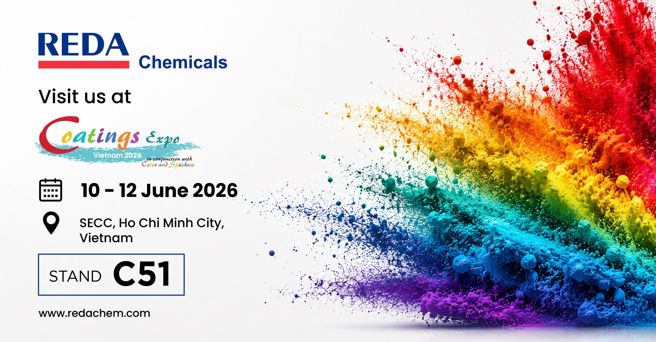 Coatings Expo Vietnam 2026 E-invite - REDA Chemicals Event poster for Coatings Expo Vietnam 2026: REDA Chemicals logo, rainbow paint splash, dates June 10–12, 2026, stand C51.